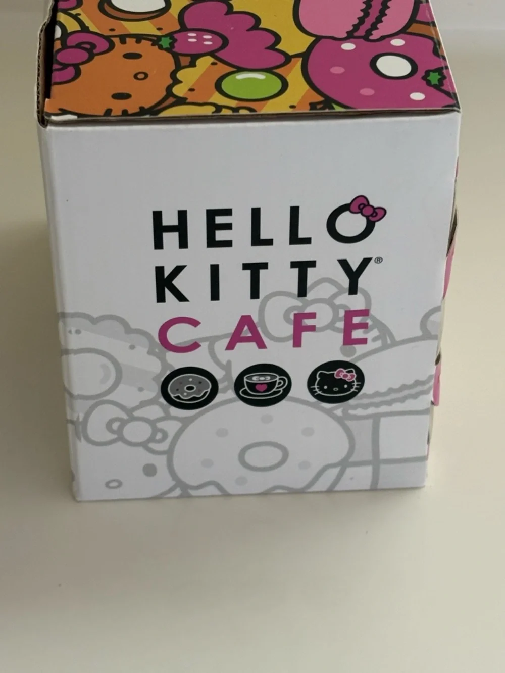 NIB Hello Kitty Cafe White Mug Pink Handle Gray Graphics Logo Box Artwork 12 oz